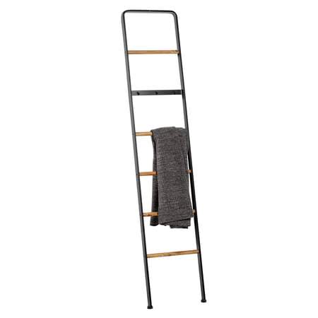 DecMode 15" x 72" Black Metal Slim 3 Hook Ladder with 5 Brown Wood Rungs, 1-Piece