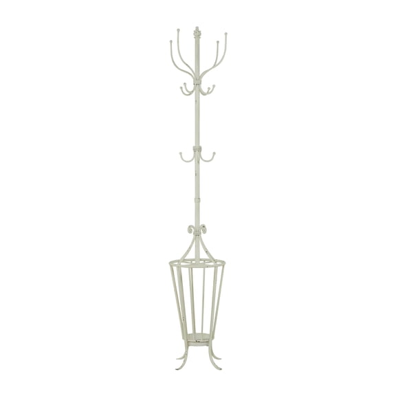 DecMode 15" x 72" White Metal Scroll Vintage Style 12 Hook Coat Rack with Umbrella Storage Base, 1-Piece
