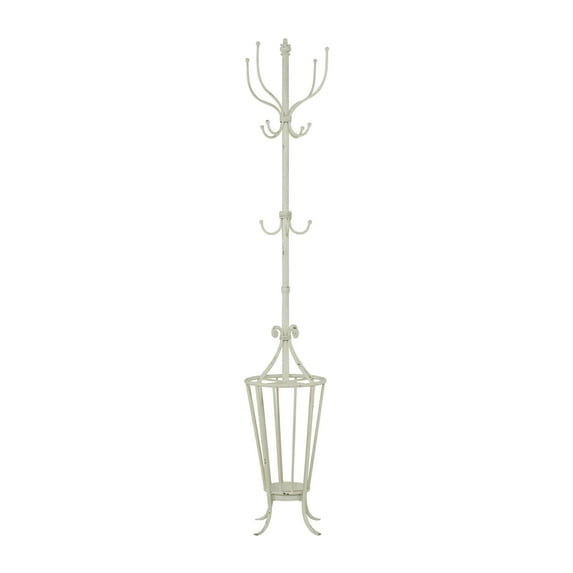 DecMode 15" x 72" White Metal Scroll Vintage Style 12 Hook Coat Rack with Umbrella Storage Base, 1-Piece
