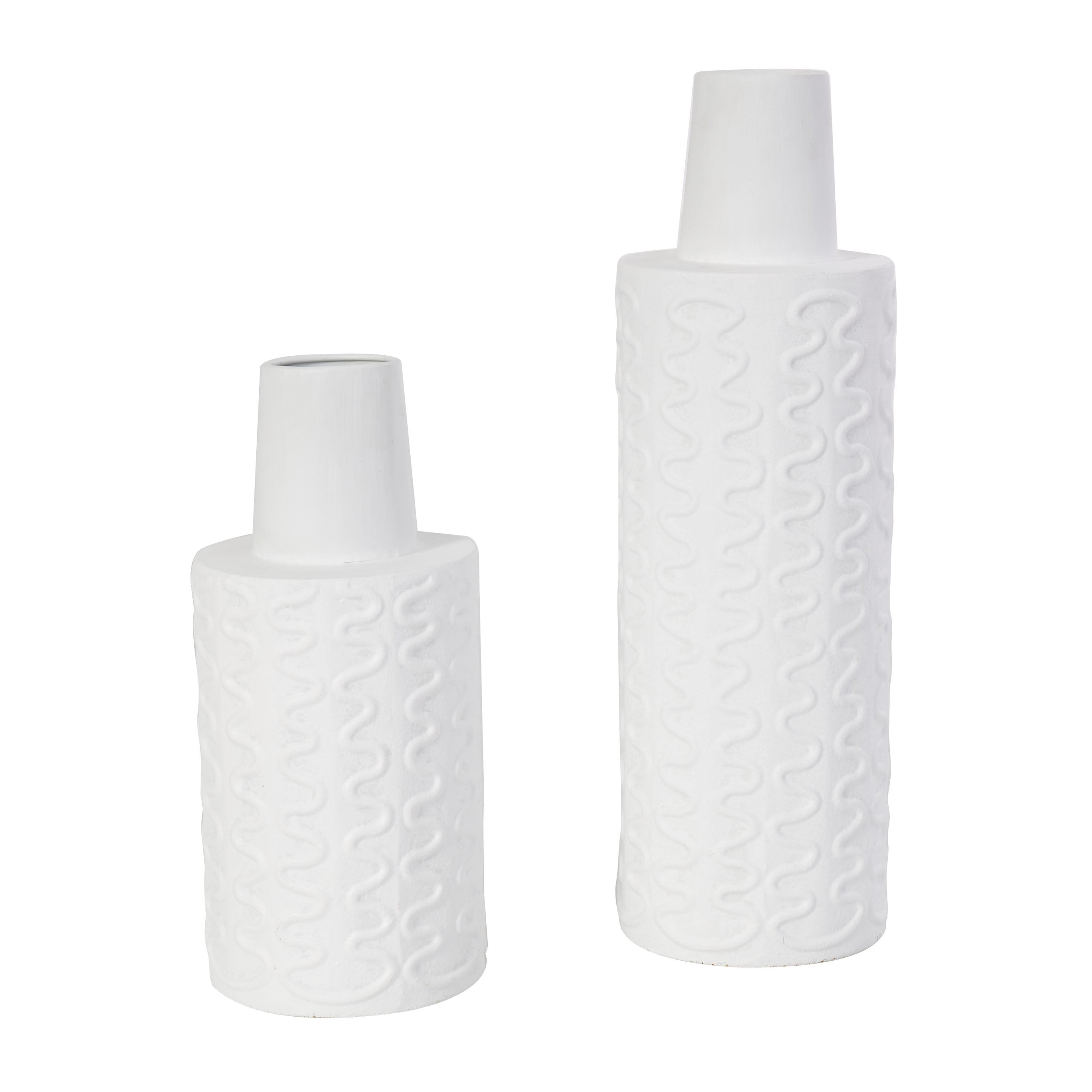 DecMode 16", 11"H Abstract Wavy Textured White Metal Vase, Set of 2