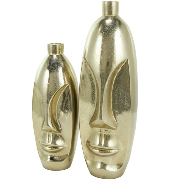 DecMode 16", 12"H Face Gold Aluminum Vase with Abstract Details, Set of 2