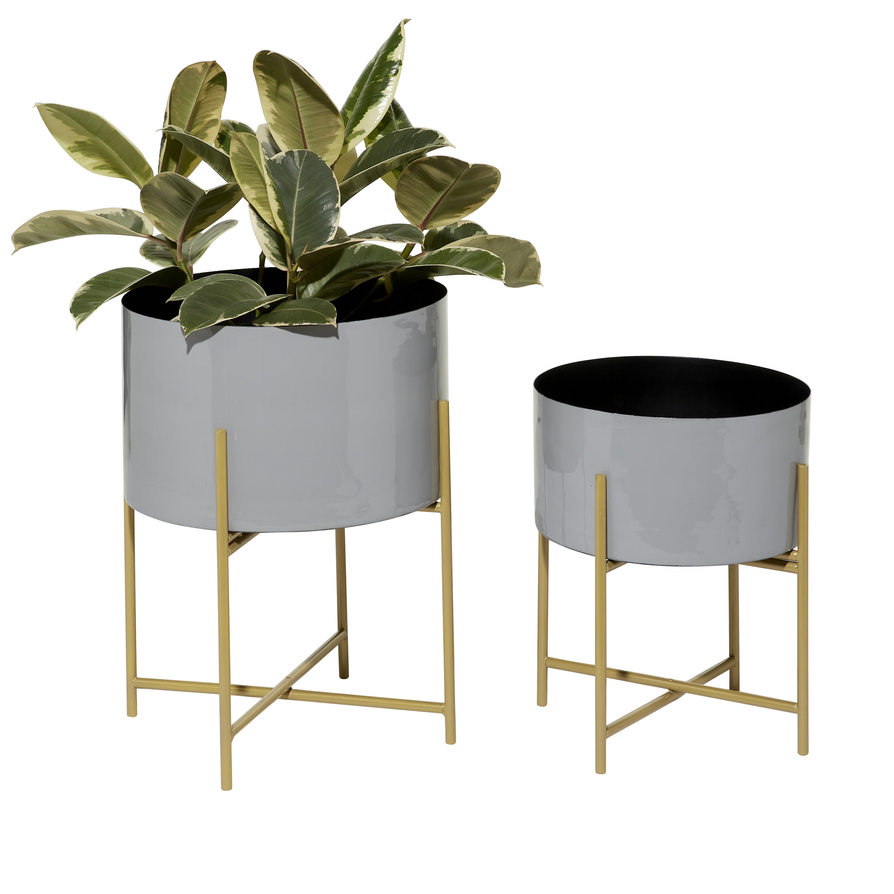 Gray Metal Indoor Outdoor Planters with Gold Stands, Set of 2