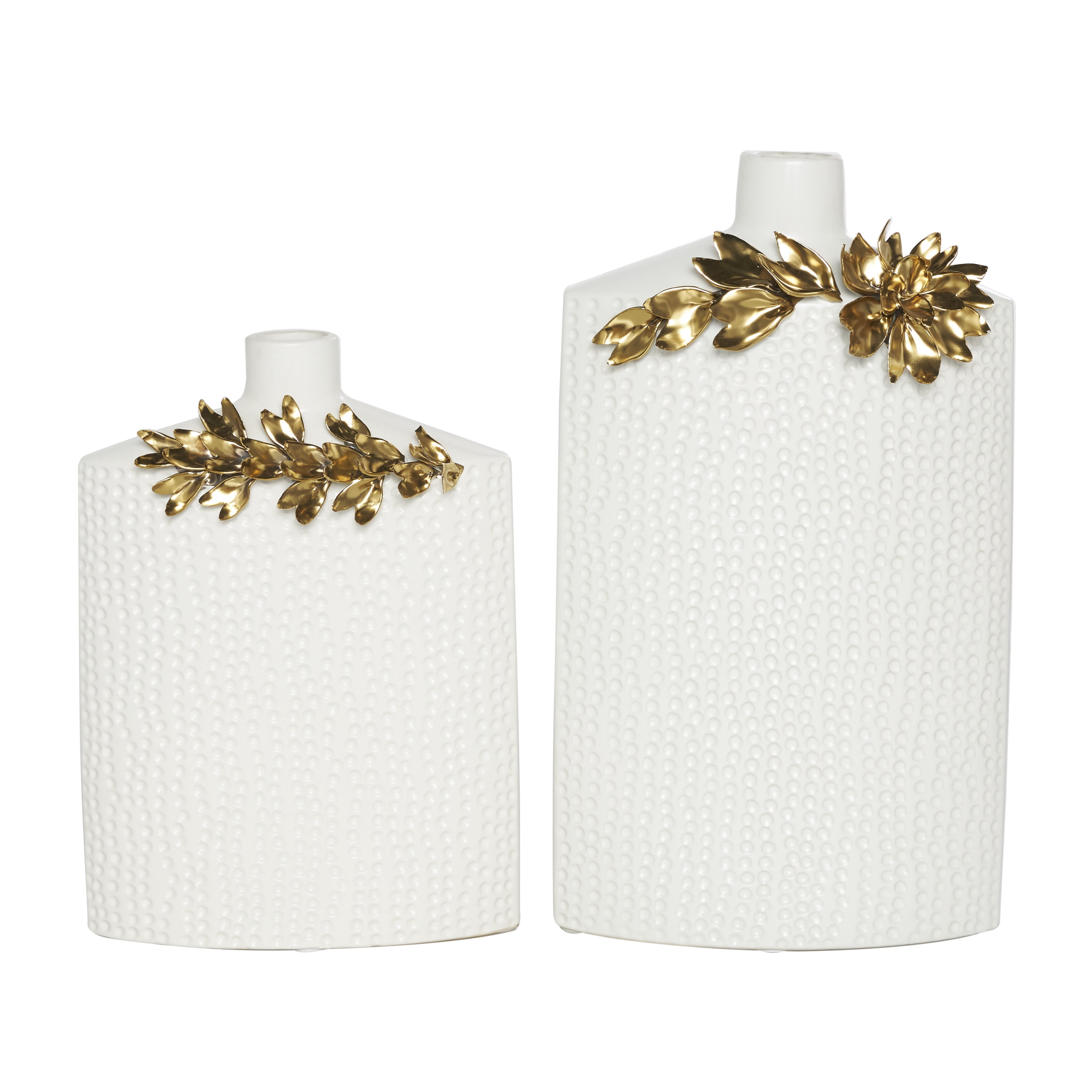 DecMode 16", 12"H Leaf White Ceramic Vase with Abstract Spotted Pattern and Gold Accents, Set of 2