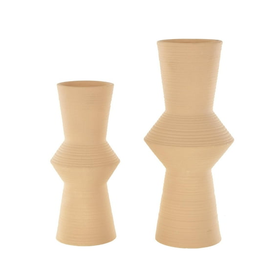 DecMode 16", 13"H Abstract Ribbed Cone Shaped Brown Ceramic Vase, Set of 2