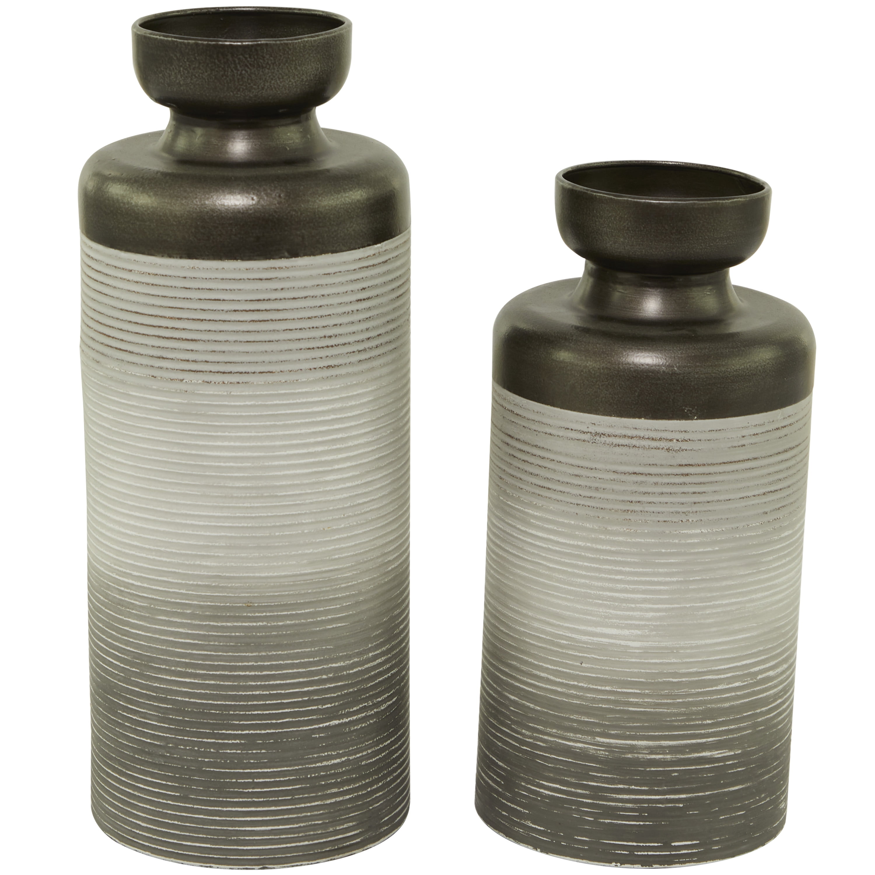 DecMode 16", 13"H Bronze Metal Vase with Embossed Ribbing, Set of 2