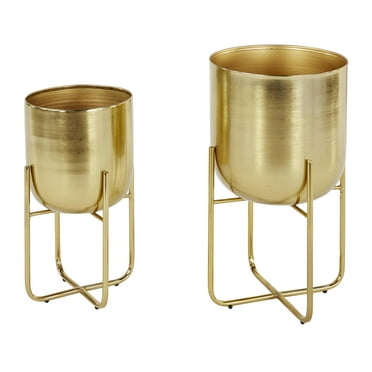 DecMode 16", 13"H Brushed Dome Gold Metal Planter with Curved X-Shaped Bases (2 Count)