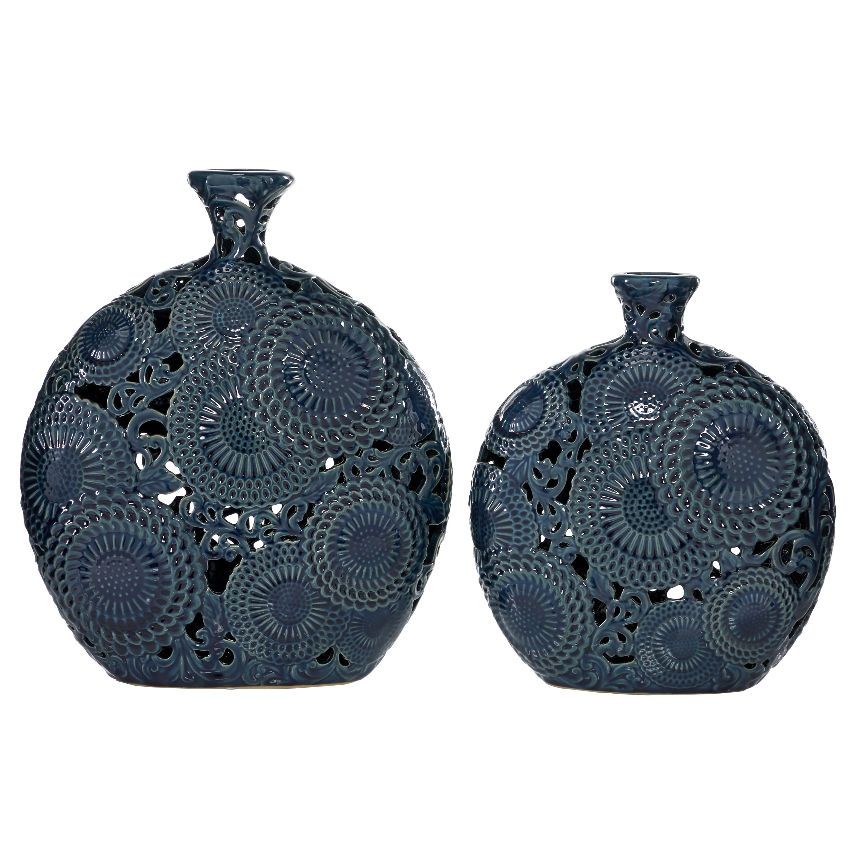 Eclectic Floral Blue Ceramic Bud Vase Set, 13" and 15.5" Height