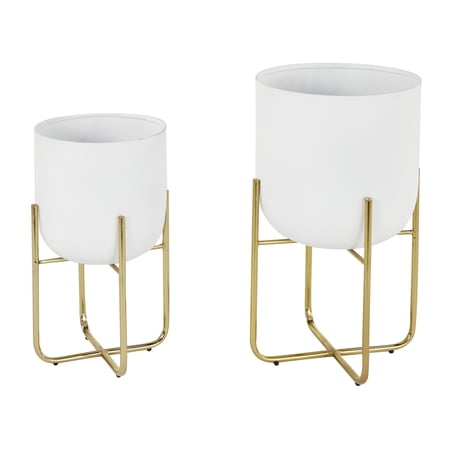 DecMode 16", 13"H Dome White Metal Planter with Gold X-Shaped Stands (2 Count)