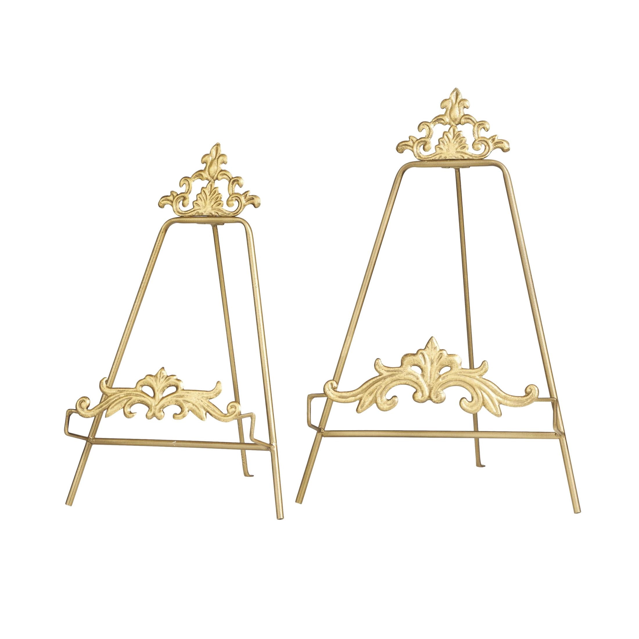 DecMode 16", 14"H Gold Metal Ornate Tabletop Arabesque Fleur De Lis Easel with Scroll Finial, 2-Pieces