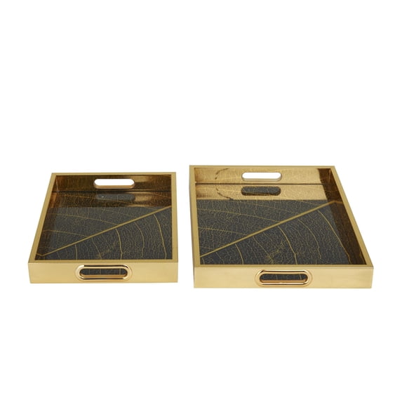 DecMode 16", 14"W Gold Plastic Geometric Tray with Black Glass, 2-Pieces