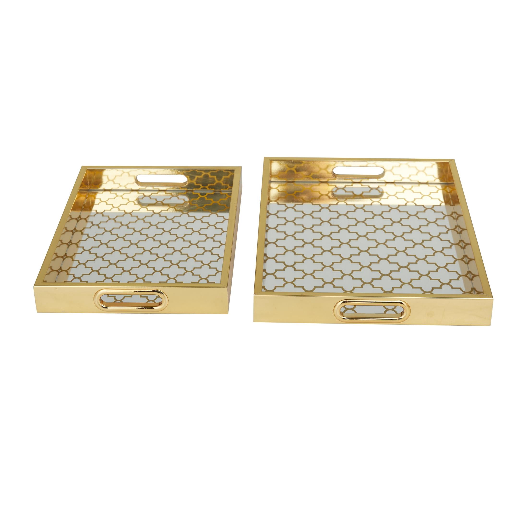 DecMode 16", 14"W Gold Plastic Mirrored Geometric Tray, 2-Pieces