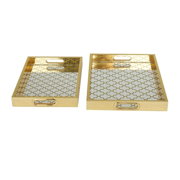DecMode 16", 14"W Gold Plastic Mirrored Geometric Tray, 2-Pieces