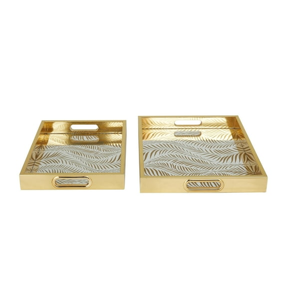 DecMode 16", 14"W Gold Plastic Mirrored Geometric Tray, 2-Pieces