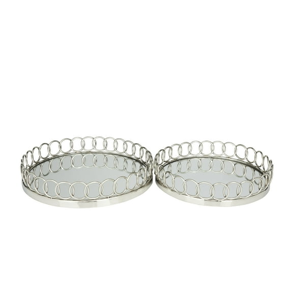 DecMode 16", 14"W Silver Stainless Steel Mirrored Tray with Circle Patterned Sides, 2-Pieces