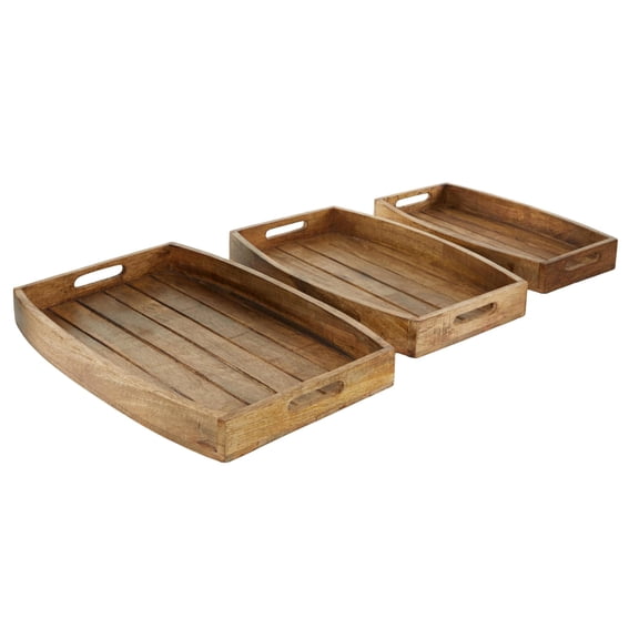 DecMode 16", 18", 20"W Brown Mango Wood Tray with Slot Handles, 3-Pieces