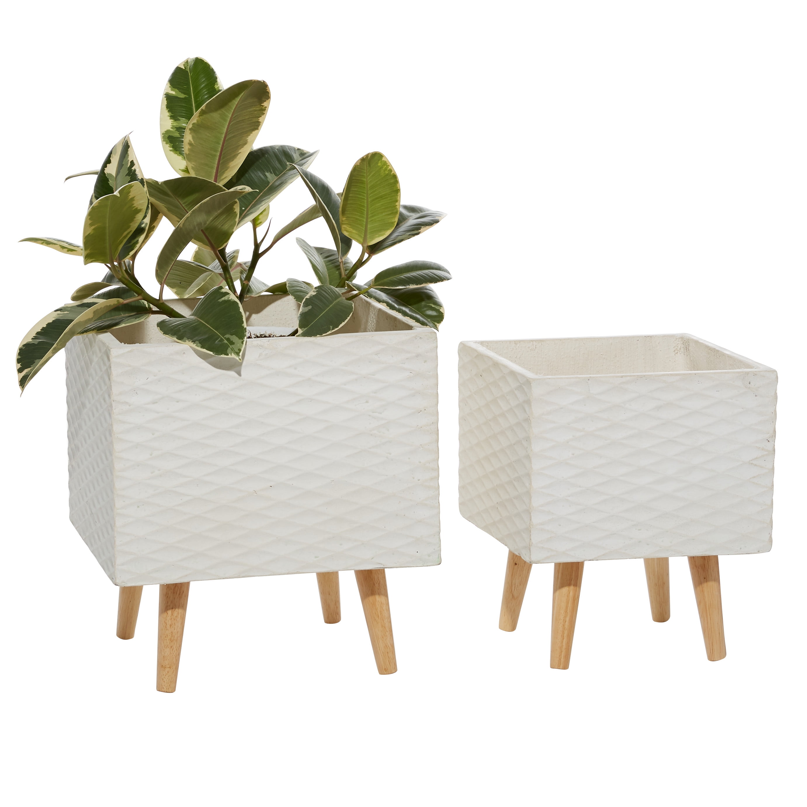 DecMode 16", 18"H Indoor Outdoor White Ceramic Planter with Wood Legs (2 Count)