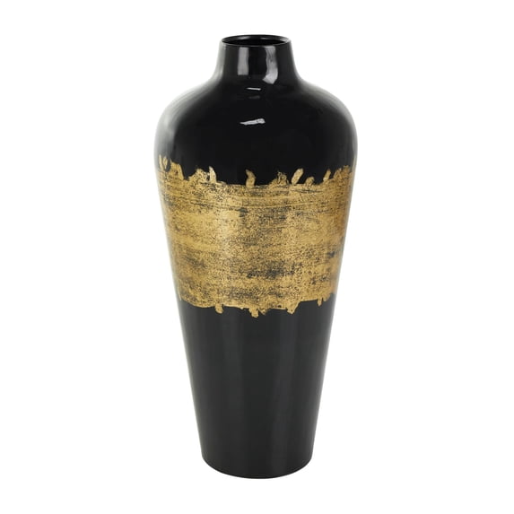 DecMode 16" Abstract Black Metal Vase with Gold Details