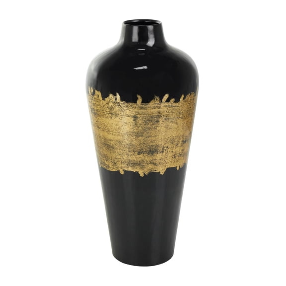 DecMode 16" Abstract Black Metal Vase with Gold Details