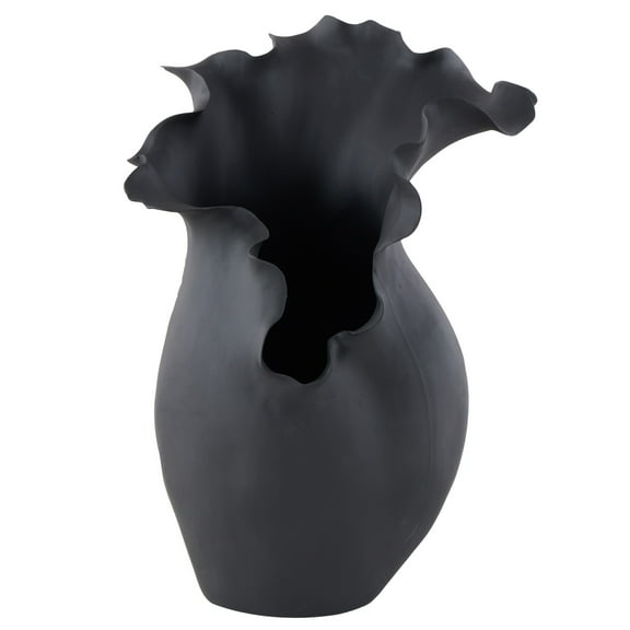 DecMode 16" Abstract Floral Inspired Black Ceramic Vase with Wavy Folded Rim