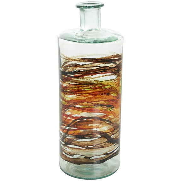 DecMode 16" Abstract Spanish Bottle Recycled Glass Vase with Swirled Colored Glass Bands
