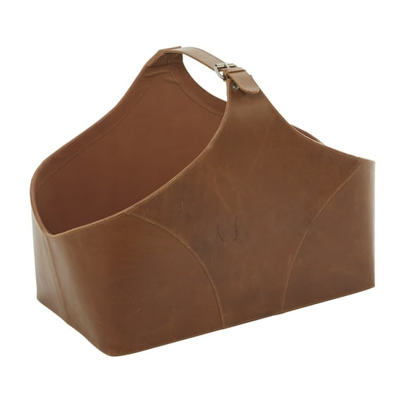 DecMode 16" Brown Leather Box Style Single Slot Magazine Holder with Detail Stitching and Curved Handles