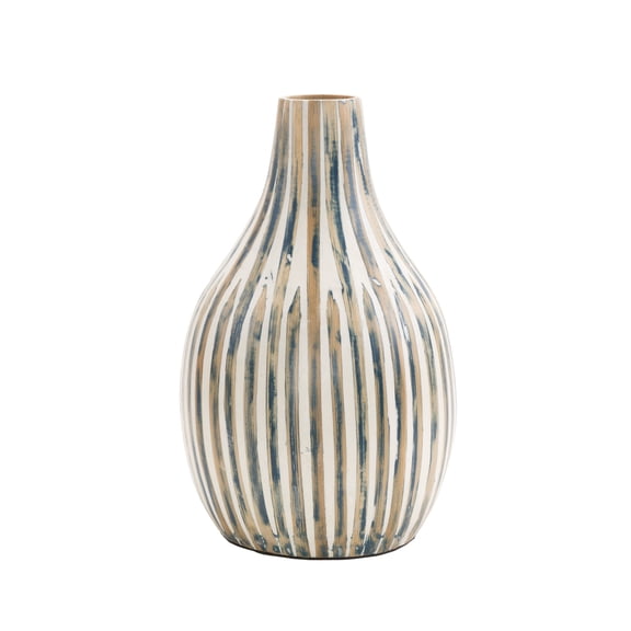 DecMode 16" Brushed Blue Bamboo Wood Vase with Cream Accents and White Stripes