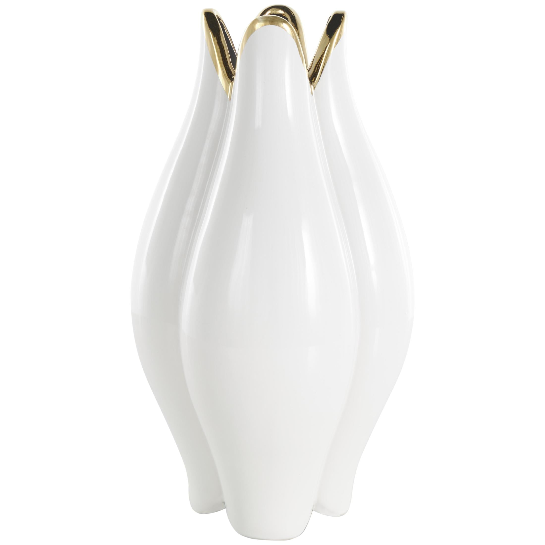 DecMode 16" Floral Dimensional Shaped White Ceramic Vase with Metallic Gold Rim
