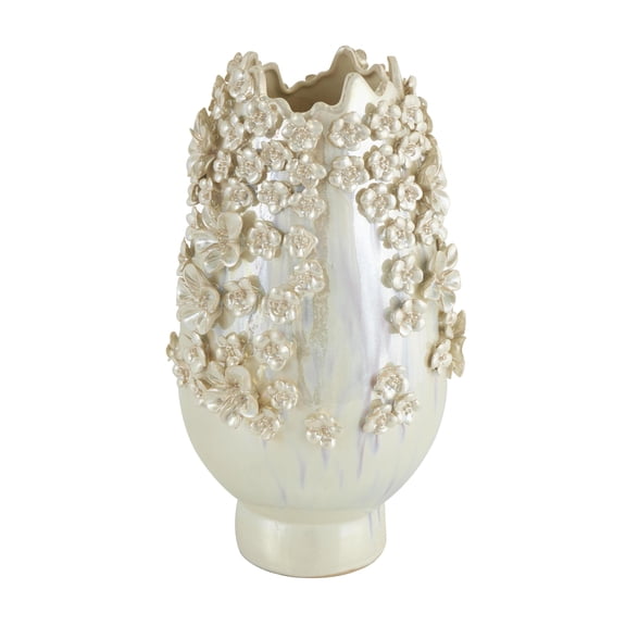 DecMode 17" Floral 3D Cream Ceramic Vase with Iridescent Glaze