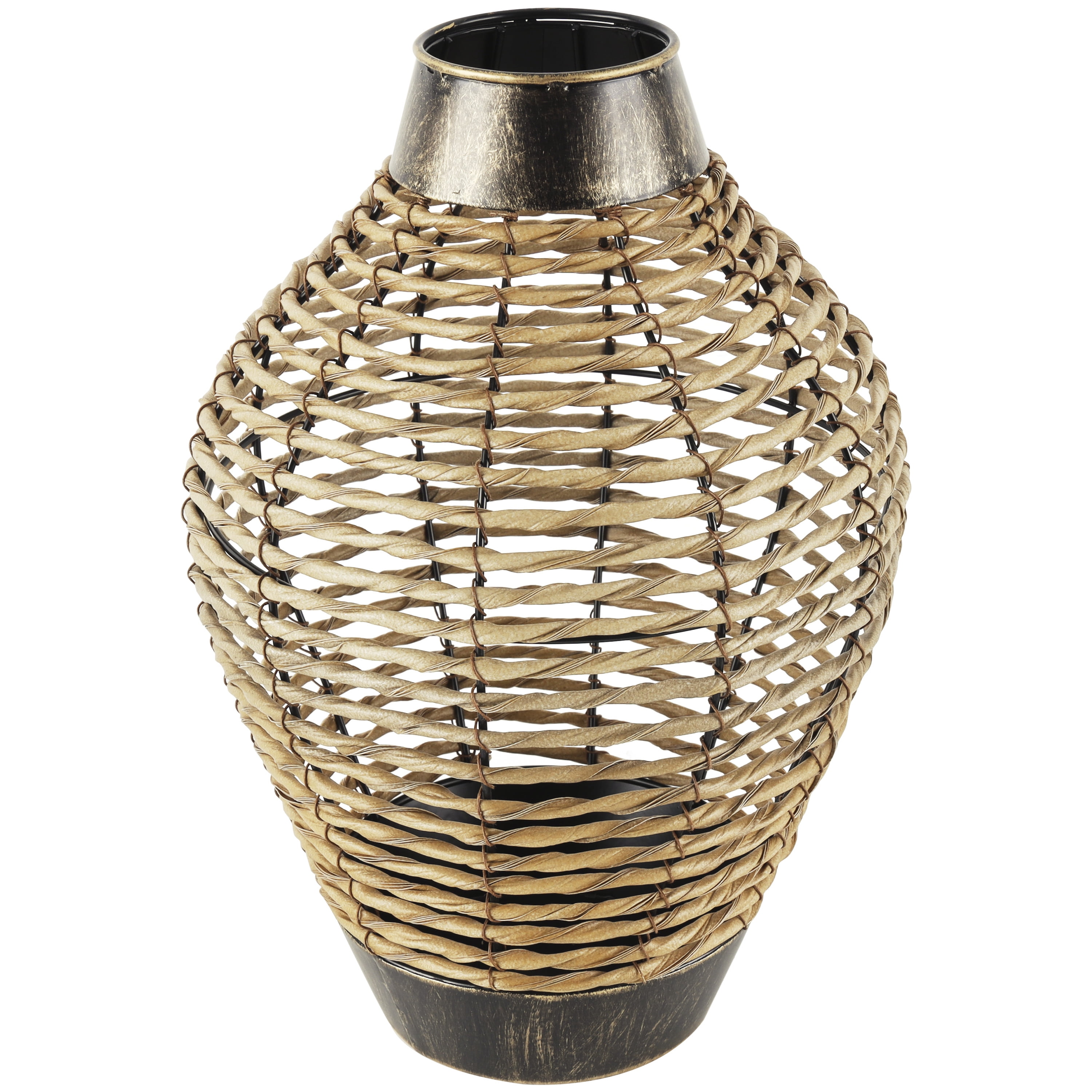 DecMode 16" Handmade Twisted Bronze Plastic Rattan Vase with Open Frame Design and Bronze Metal Details