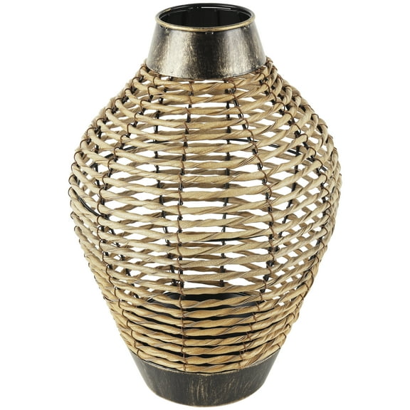 DecMode 16" Handmade Twisted Bronze Plastic Rattan Vase with Open Frame Design and Bronze Metal Details
