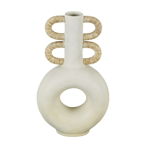 DecMode 16" Round Speckled Cream Resin Vase with Woven Inspired Arched Handles and Cutout Opening