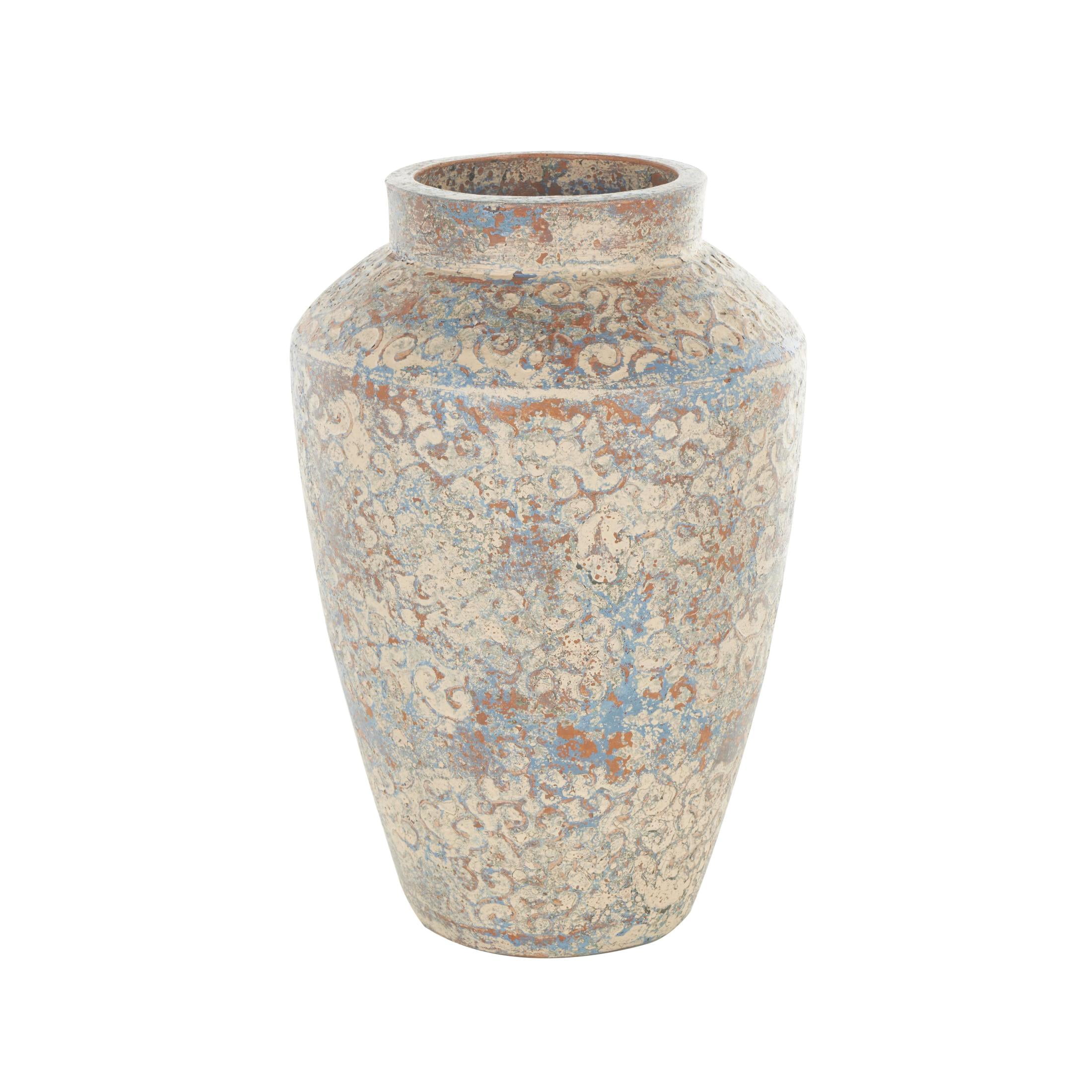 DecMode 16" Scroll Handmade Antique Style Beige Ceramic Vase with Blue and Copper Accents