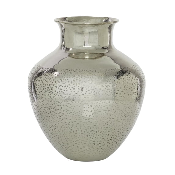 DecMode Silver Aluminum Metal Round Engraved Decorative Vase, 13" x 16"