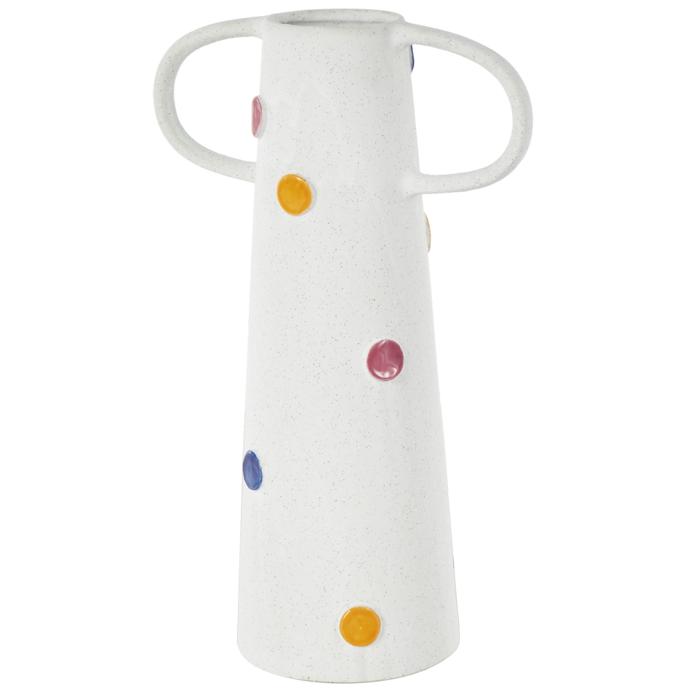 DecMode 16" Slim Cone White Ceramic Vase with Multicolor Spots and Handles