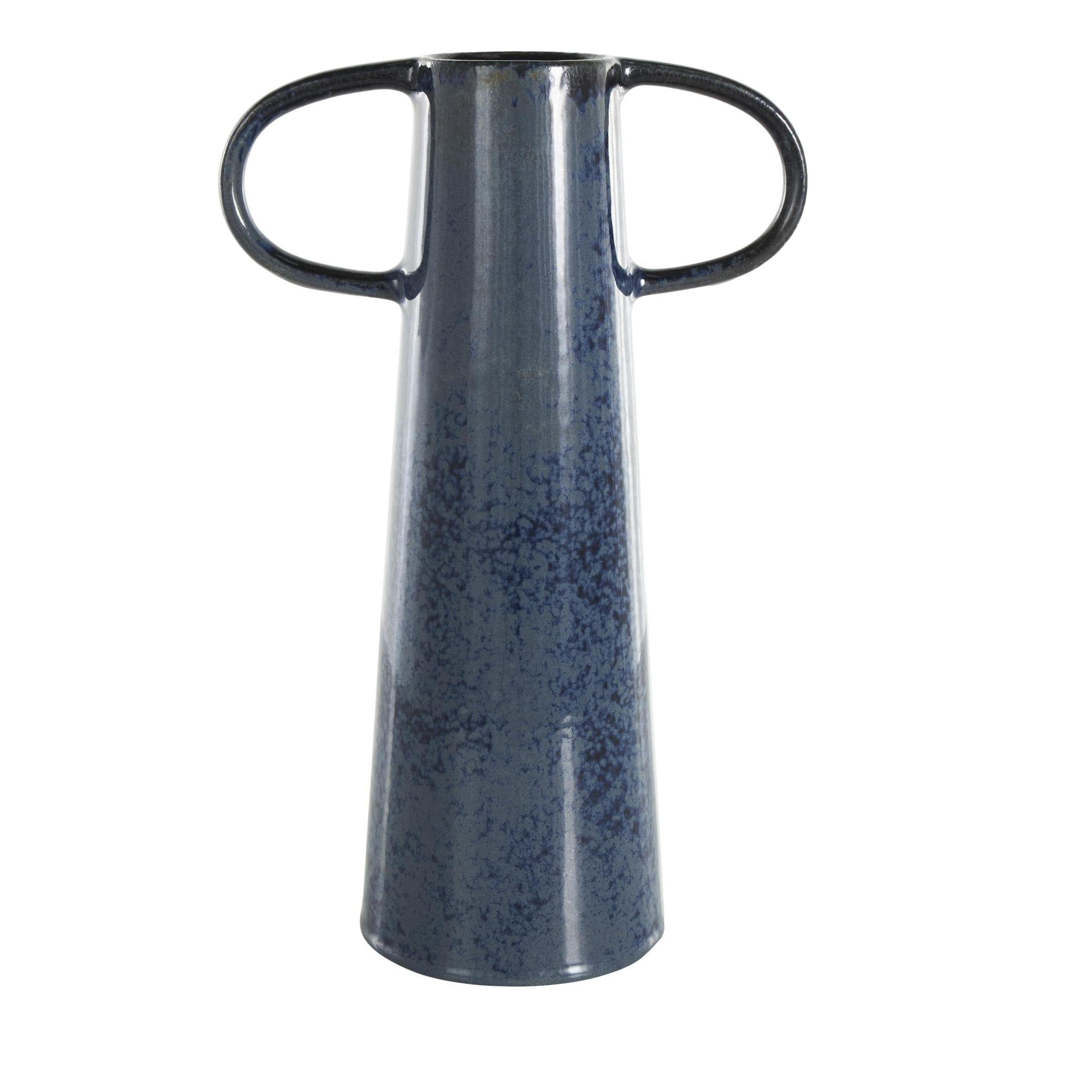 DecMode 16" Textured Cone Dark Blue Ceramic Vase with Curved Handles