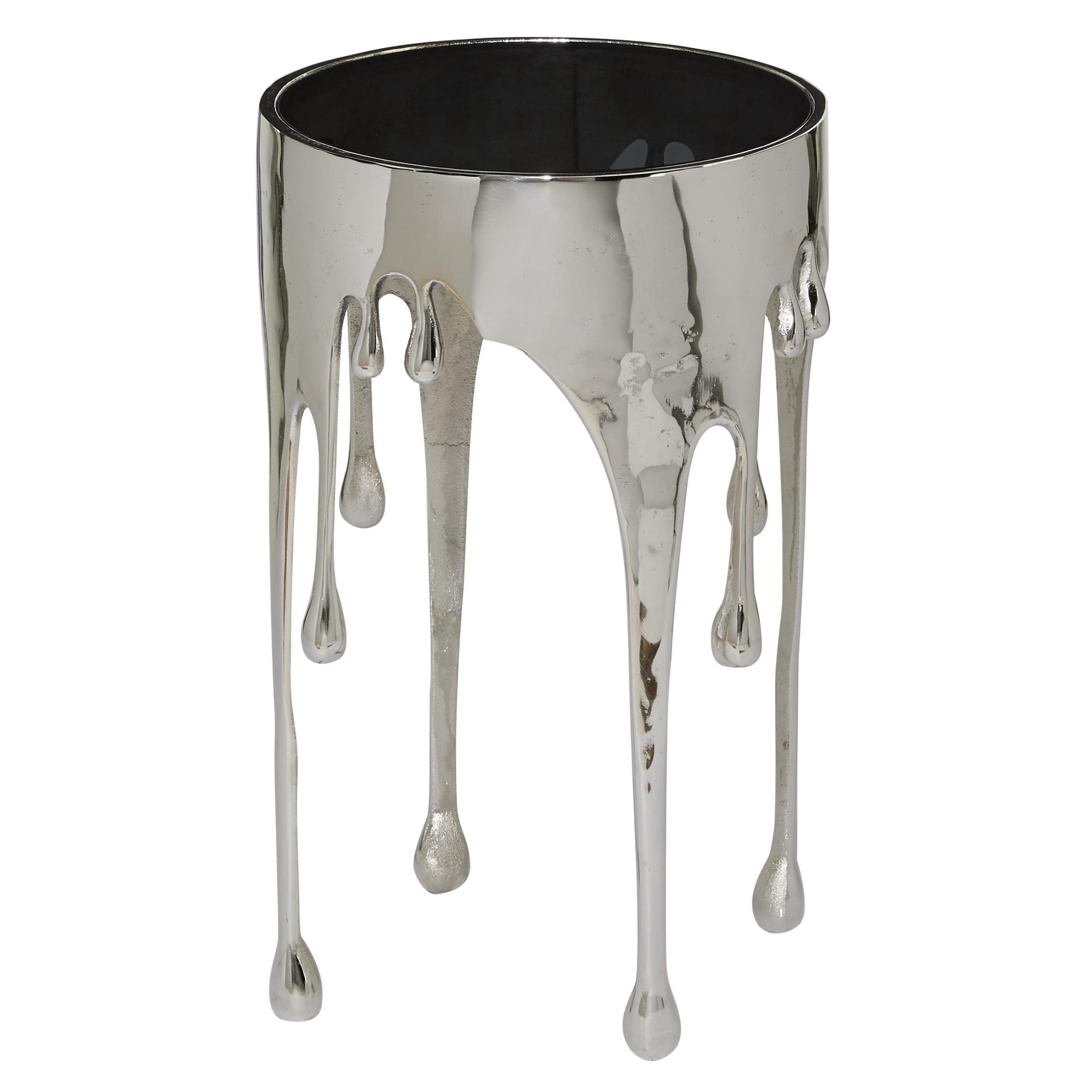 DecMode 16"W, 25"H Contemporary Accent Table with Tempered Glass Top, Raw Aluminum Finish with Melting Silver Design