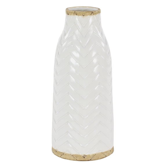 DecMode 16" Geometric White Porcelain Ceramic Vase with Brown Base