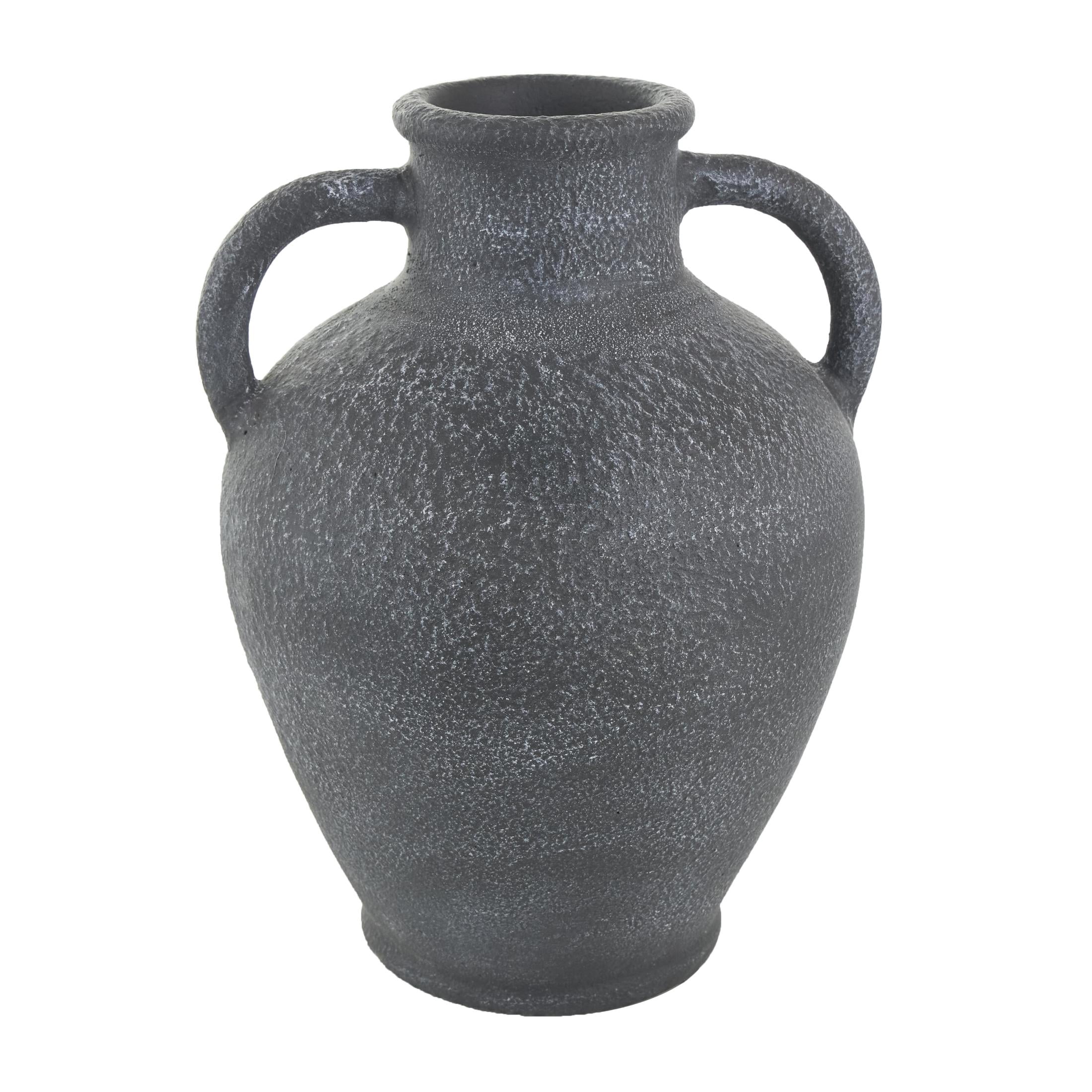DecMode 16" Whitewashed Textured Amphora Black Ceramic Vase with 2 Handles