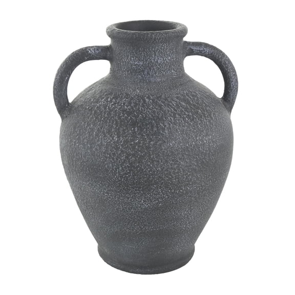 DecMode 16" Whitewashed Textured Amphora Black Ceramic Vase with 2 Handles