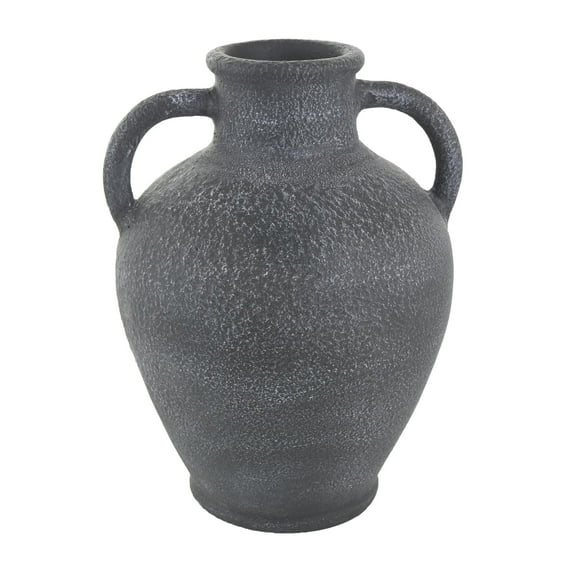 DecMode 16" Whitewashed Textured Amphora Black Ceramic Vase with 2 Handles