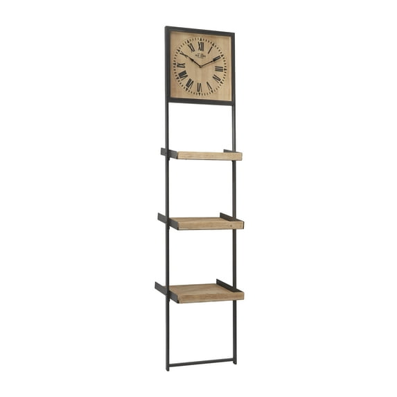 DecMode 16" x 10" 3-Tier Brown Wall Shelf with Clock