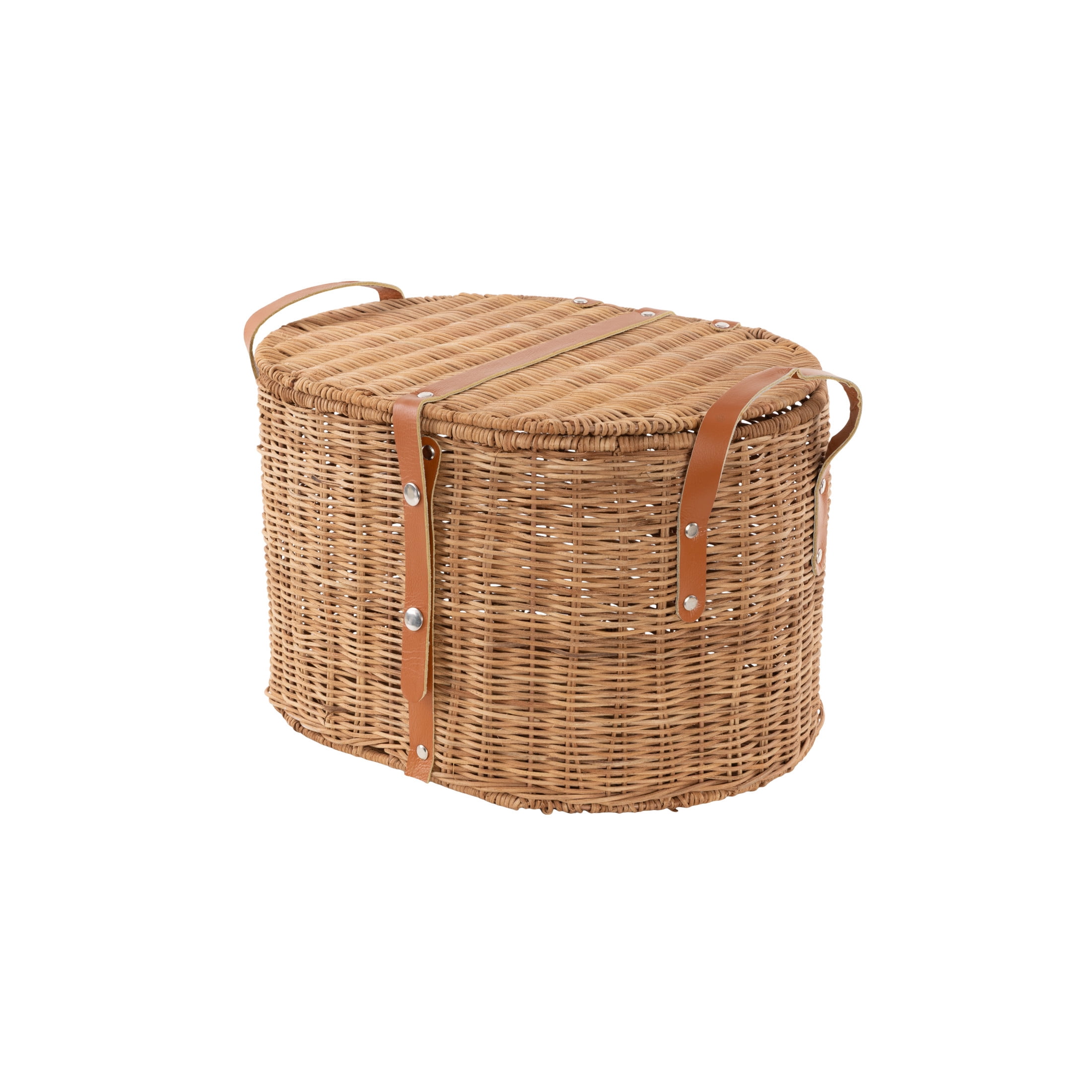 DecMode 16" x 10" Brown Rattan Handmade Woven Storage Basket with Lid and Leather Handles, 1-Piece