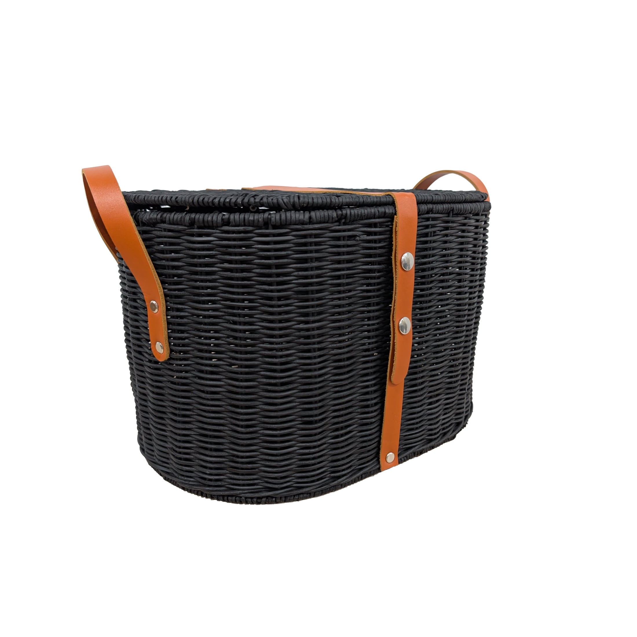 DecMode 16" x 11" Black Rattan Handmade Woven Storage Basket with Brown Leather Handles, 1-Piece