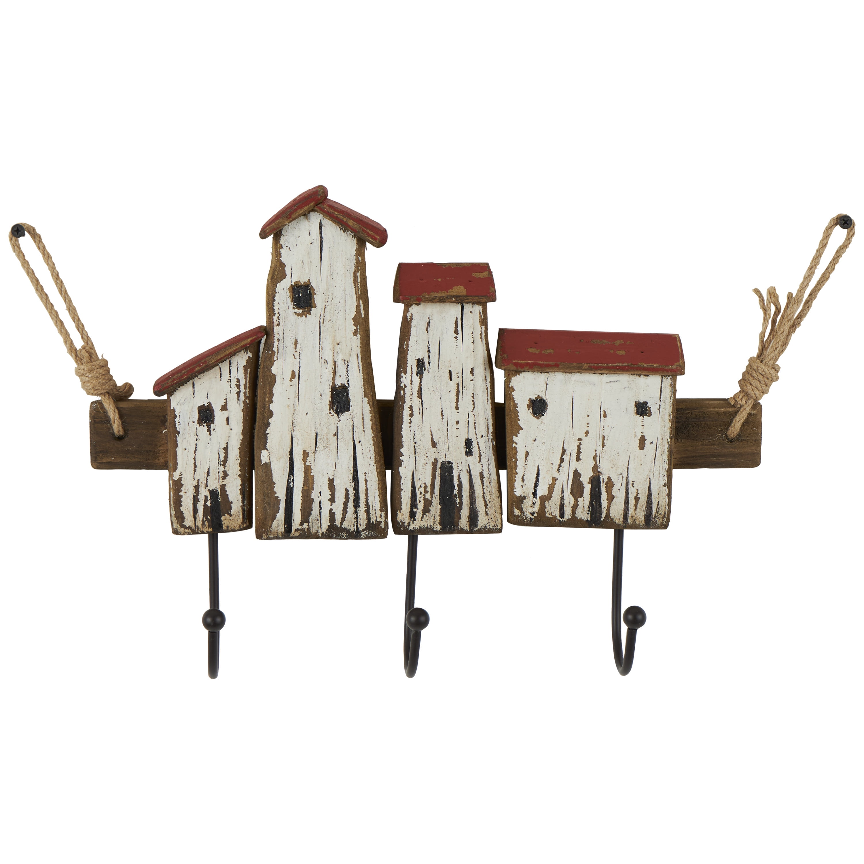 DecMode 16" x 11" Cream Wood Handmade Distressed House 3 Hanger Wall Hook with Red Roof Accents and Hanging Rope, 1-Piece