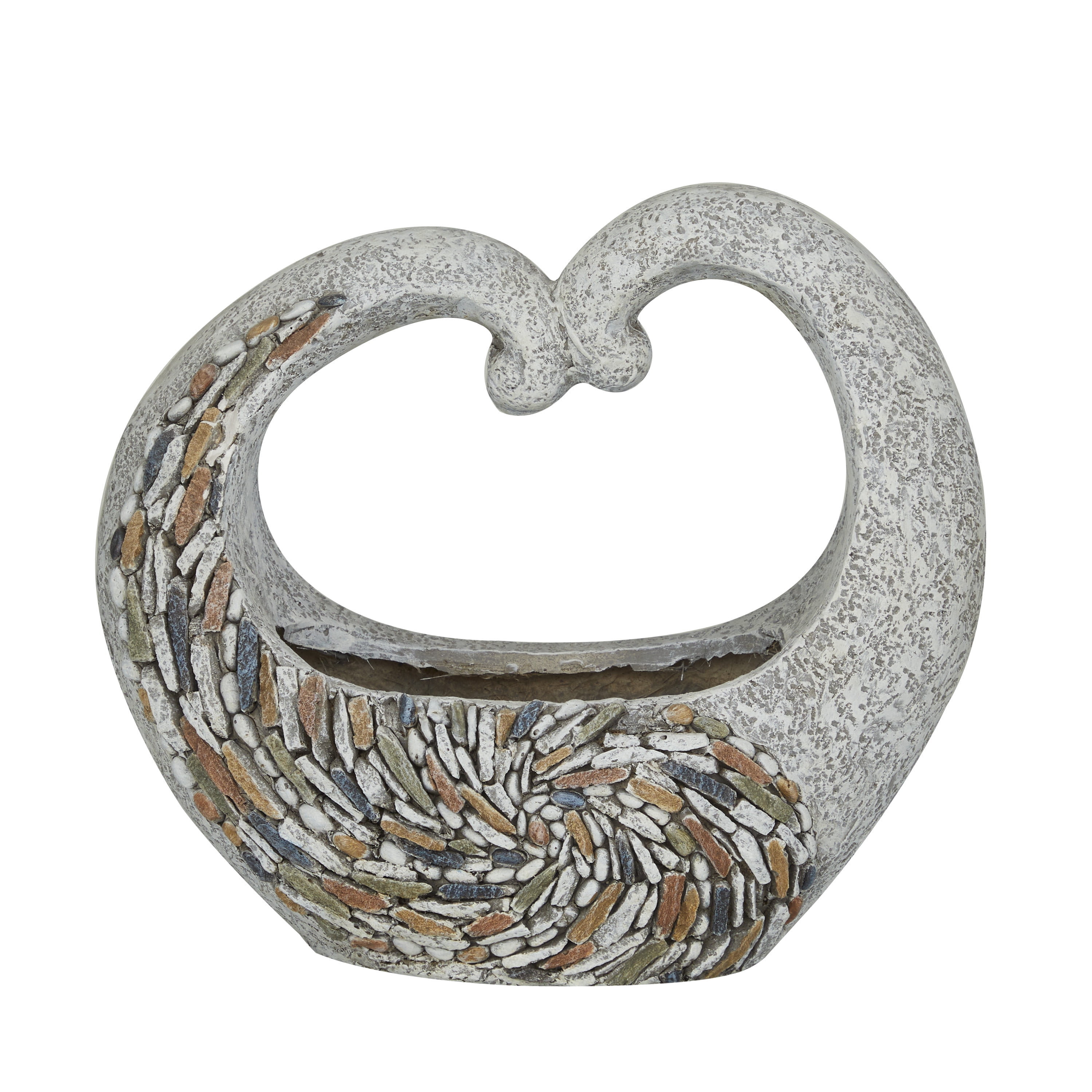 DecMode 16" x 14" Indoor Outdoor Gray Fiberglass Planter with Stone Mosaic Design