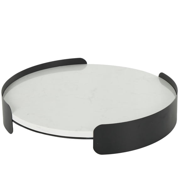 DecMode 16" x 16" White Marble Round Tray with Black Metal Frame, 1-Piece