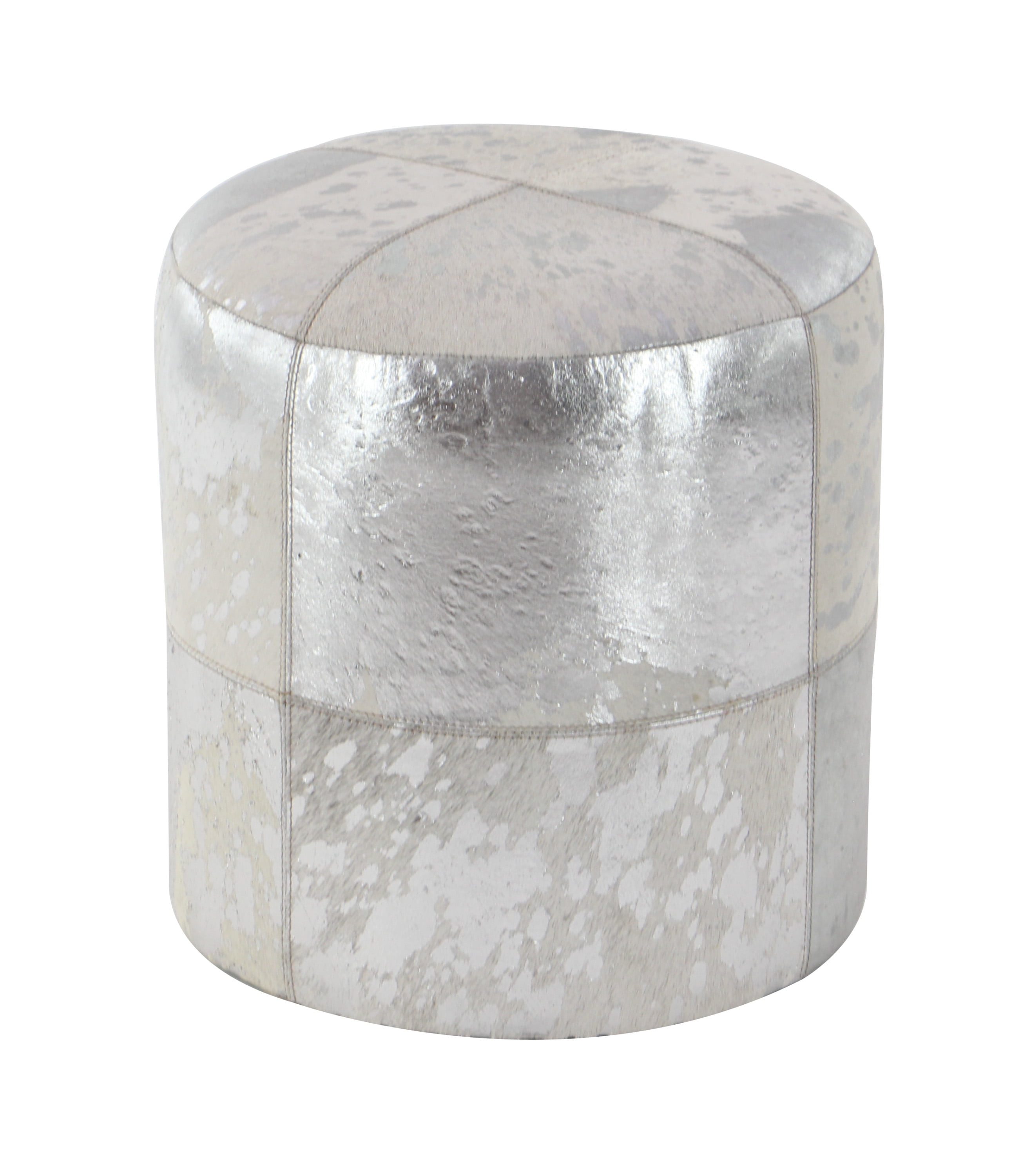 Decmode 16" x 17" Silver Leather Handmade Ottoman with Silver Foil Paint, 1-Piece