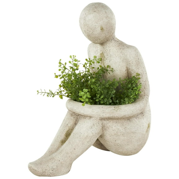 DecMode 16" x 17" Sitting Cream Polystone People Planter
