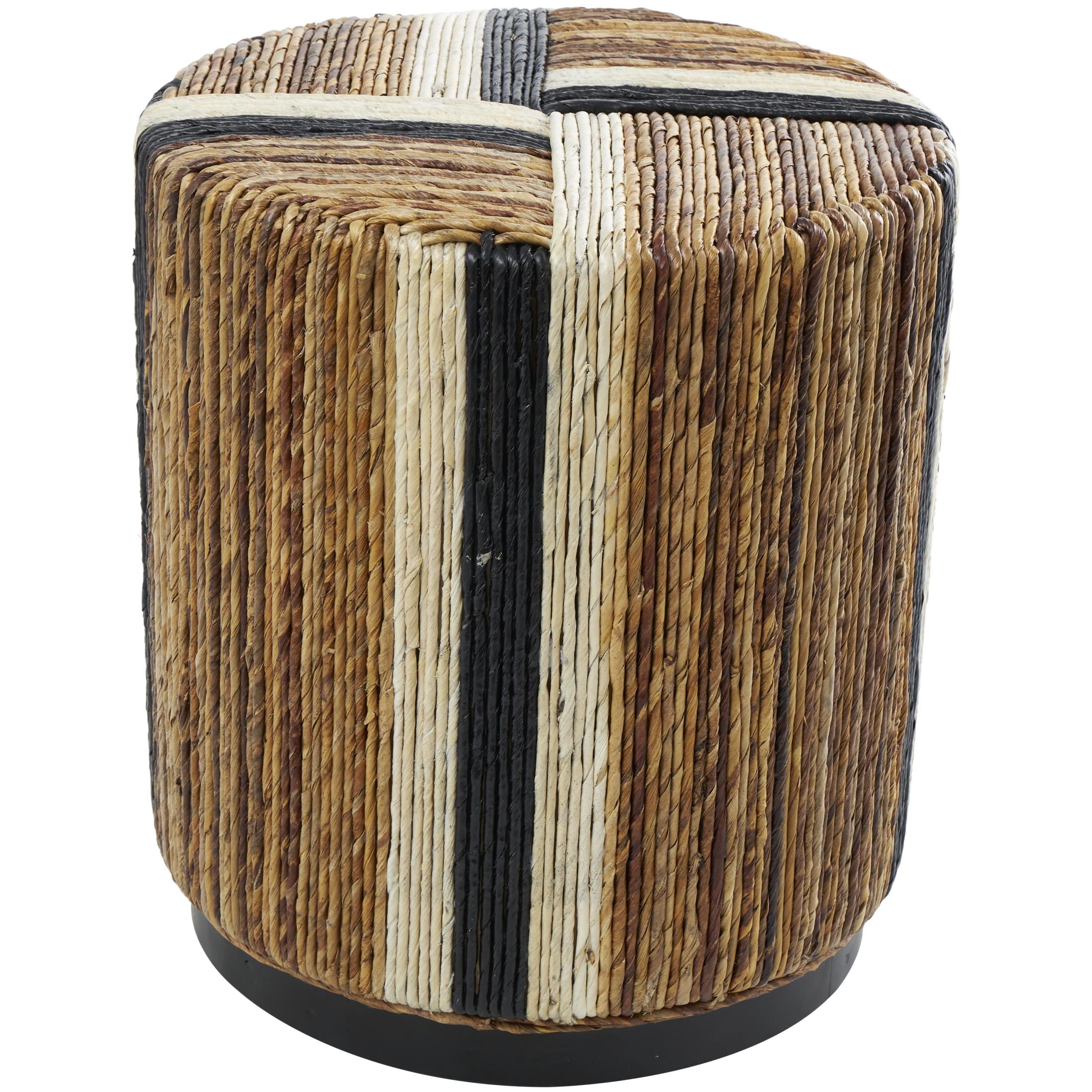 DecMode 16" x 18" Brown Banana Leaf Handmade Linear Wrapped Drum Accent Table with Cream and Black Stripes, 1-Piece