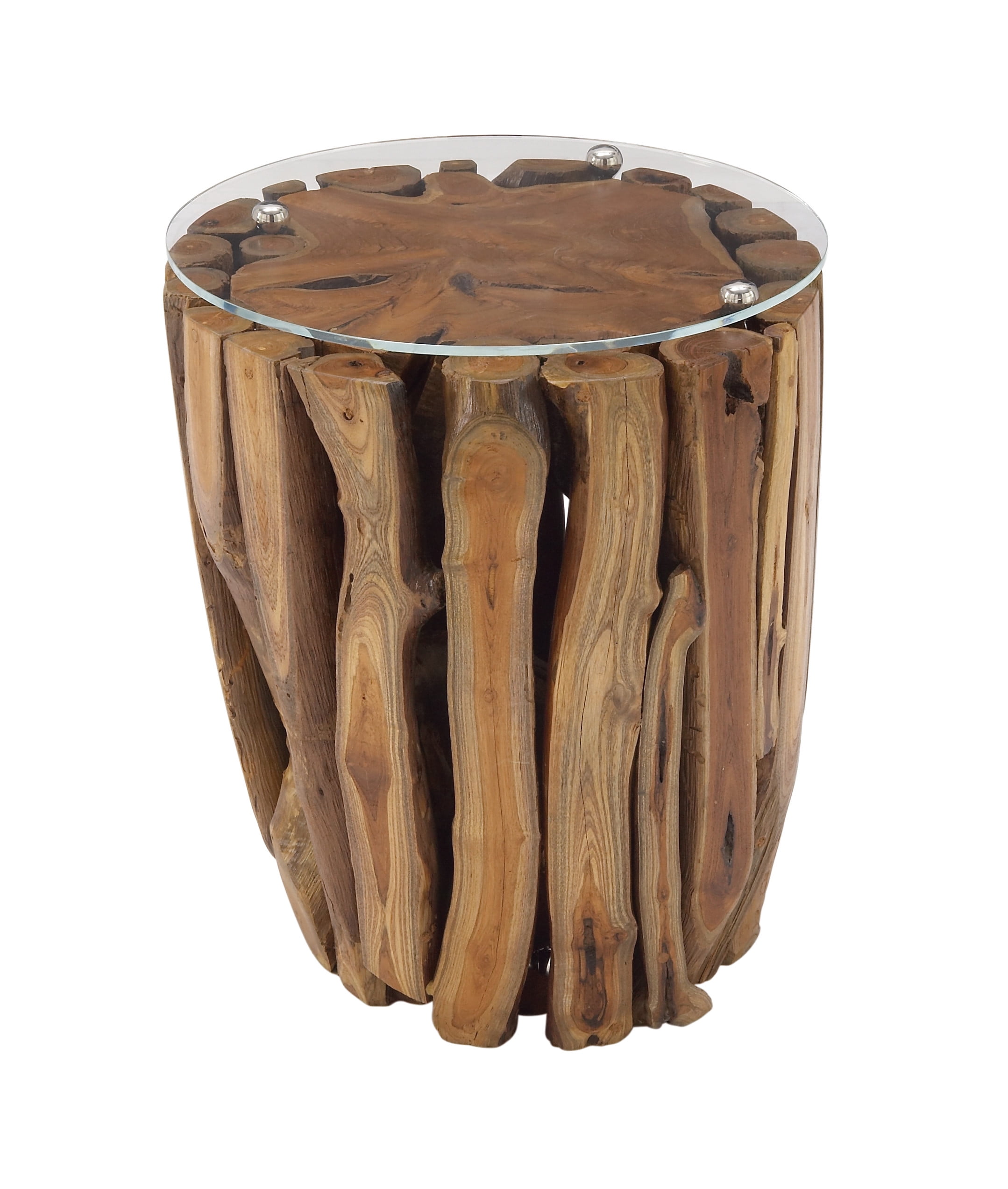 Rustic Brown Teak Wood Round Accent Table with Glass Top